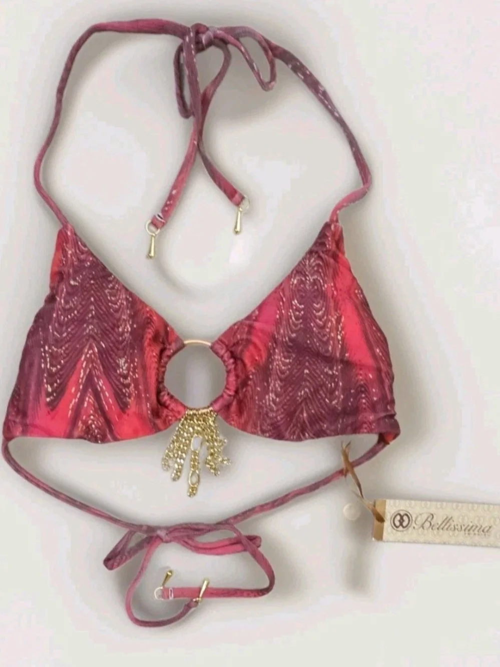 Bellissima Pink Red Halter Triangle Bikini Top with Gold Accent S,M,L